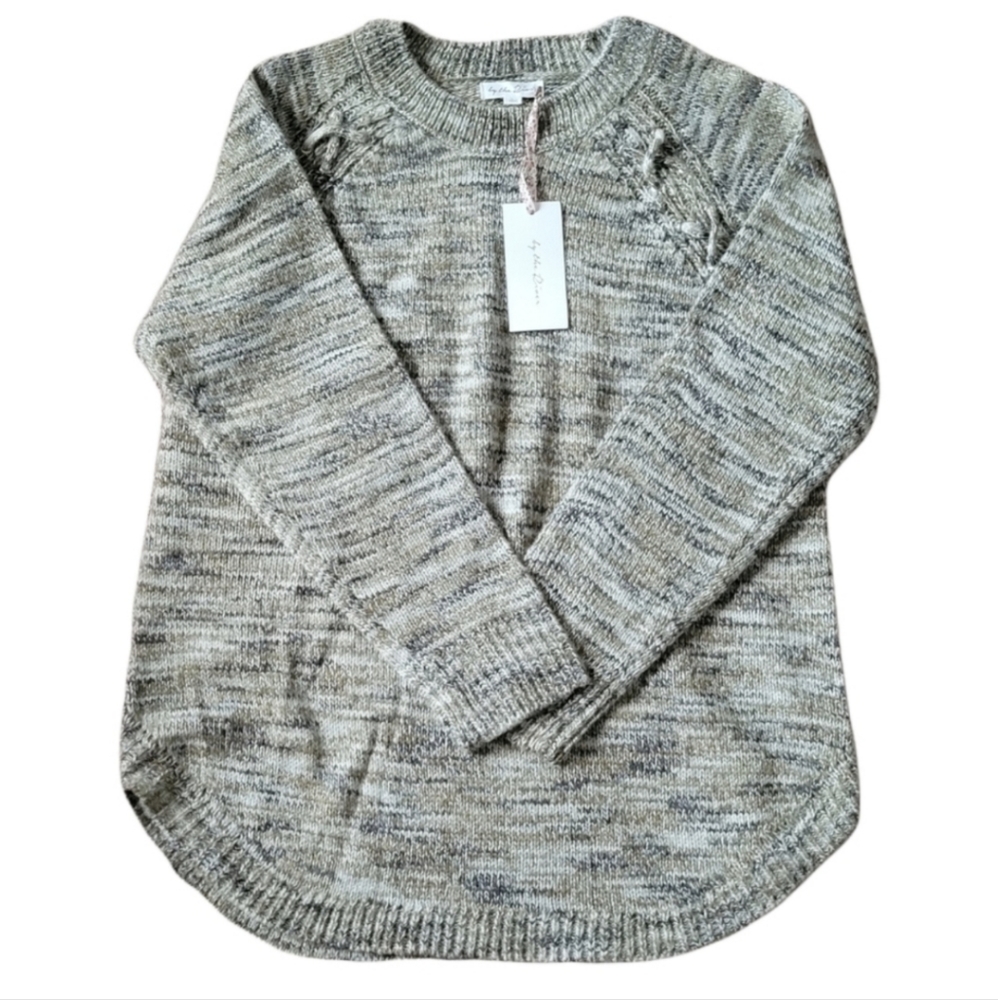 By the river Greenish Grey Multi Color Front lace up Sweater L NWT‎